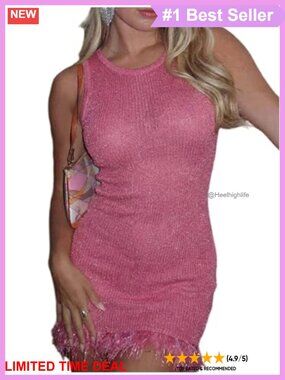 Sequin Fringe Knit Mini Dress Sleeveless Bodycon Club Party Y2K Going Out
